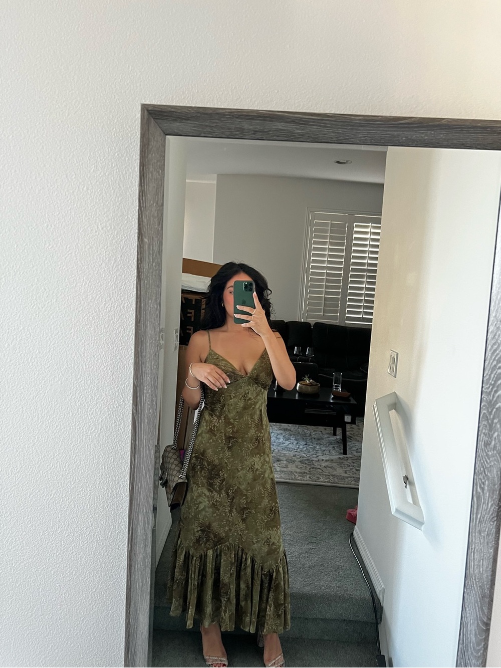 Storia: Olive Green Slip Maxi Dress with Ruffle Hem